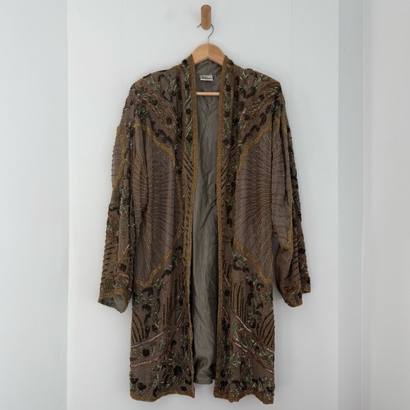 Vintage 1980s couture taupe brown silk beaded sequin kimono jacket - One Size - Picture 2 of 6